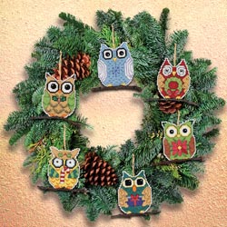click here to view larger image of Owl Ornaments - Set of 6 (counted cross stitch kit)