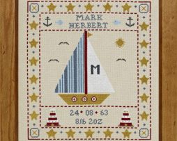 click here to view larger image of Sail Boat Birth Sampler Kit - 32ct Linen (counted cross stitch kit)