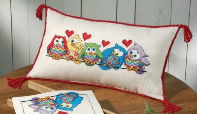 click here to view larger image of Owls in a Row Pillow (counted cross stitch kit)