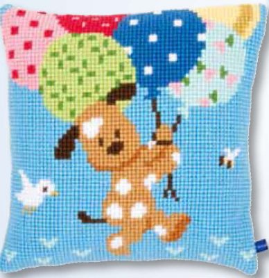 click here to view larger image of Dog with Balloons Cushion (needlepoint)