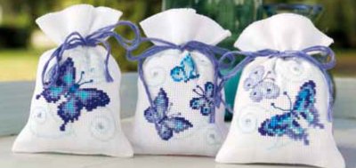 click here to view larger image of Blue Butterflies Potpourri  Bags (Set of 3) (counted cross stitch kit)