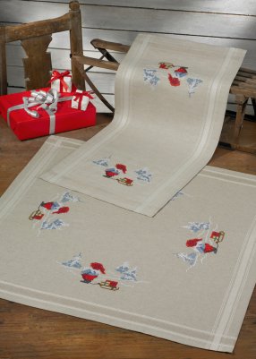 click here to view larger image of Elves with Sleigh Table Runner (upper right) (stamped cross stitch kit)