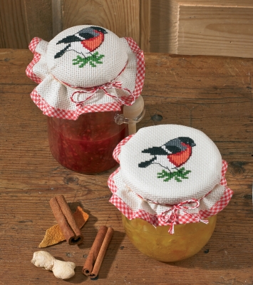 click here to view larger image of Bullfinch Jam Lid Cover (set of 2) (counted cross stitch kit)