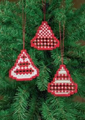 click here to view larger image of Three Christmas Bell Hardanger Ornaments - White with Red (Hardanger and Cut Work)