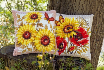 Poppies and Sunflowers Cushion (Right)