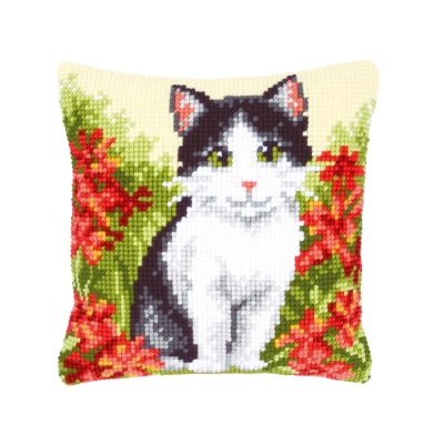 click here to view larger image of Cat In Flower Field Cushion (needlepoint)