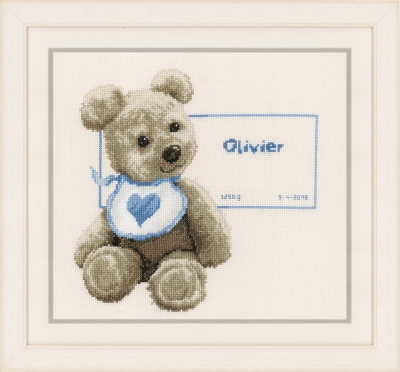 click here to view larger image of Bear With Bib - Birth Announcement (counted cross stitch kit)