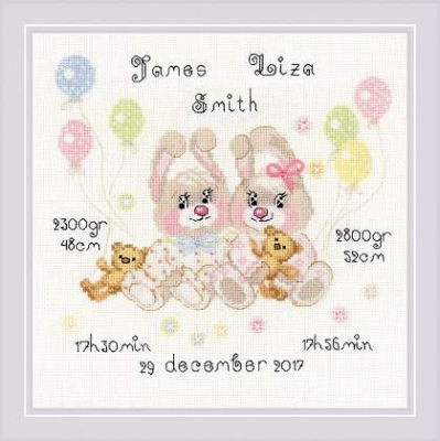 click here to view larger image of Twins Birth Announcement (counted cross stitch kit)