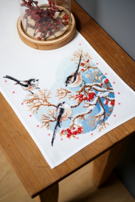 click here to view larger image of Long-tailed Tits & Red Berries Table Runner (counted cross stitch kit)