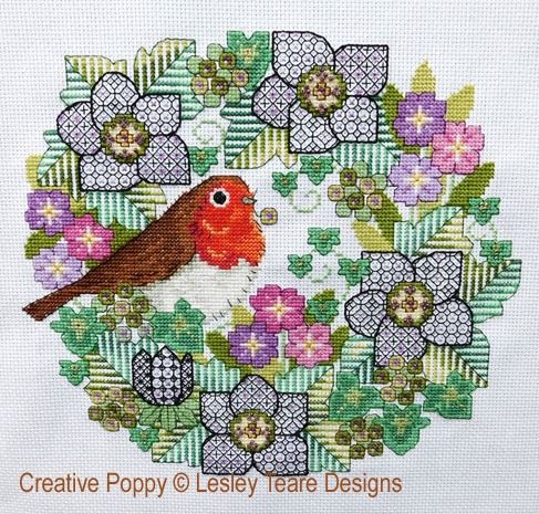 click here to view larger image of Blackwork Flowers With Robin (chart)