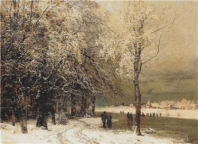 Winter Landscape on the Riverbank with Skaters
