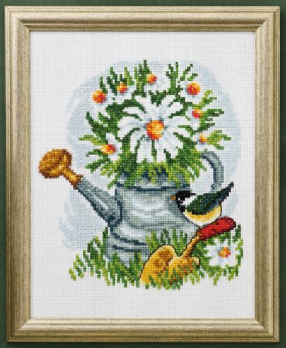 click here to view larger image of Mousewhite Birds w/Flowers in Water Can (counted cross stitch kit)