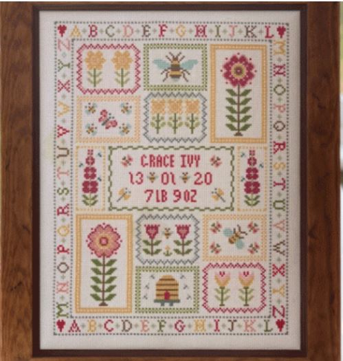 click here to view larger image of Bee Birth Sampler KIT - 32ct Linen (counted cross stitch kit)