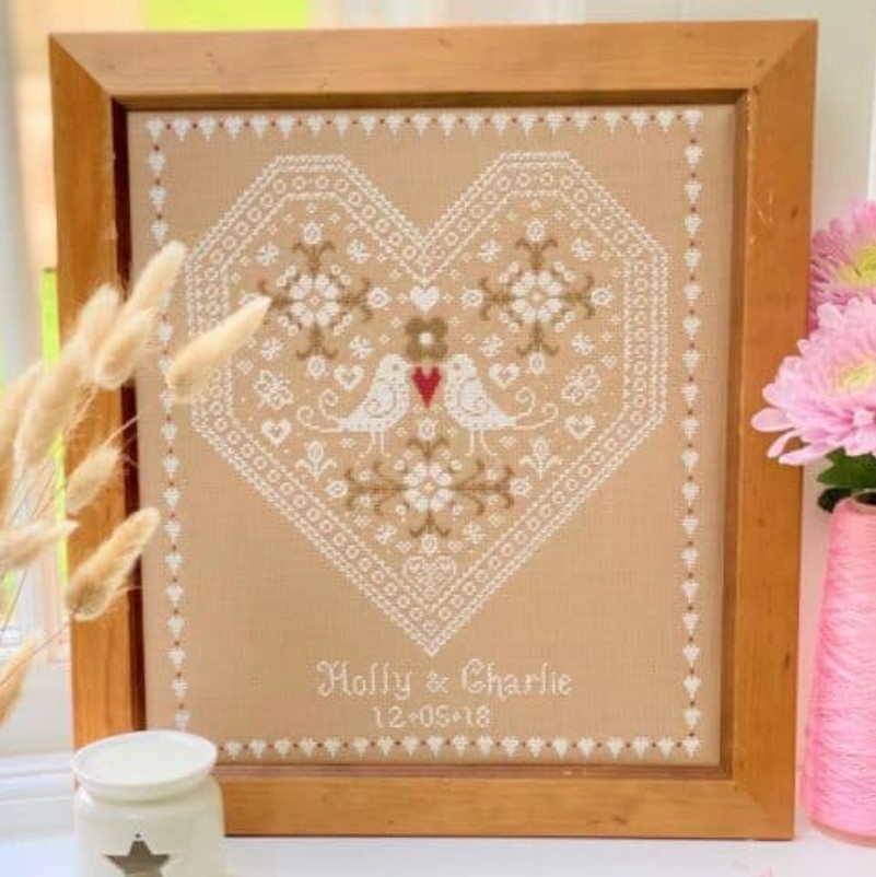 click here to view larger image of Love Birds Wedding Sampler Kit - 32ct Linen (counted cross stitch kit)