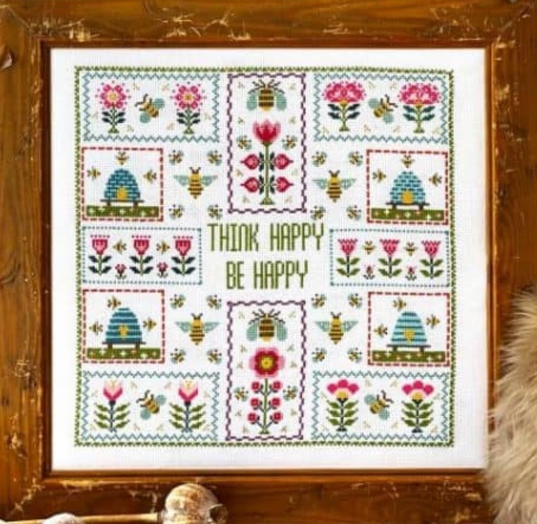 click here to view larger image of Think Happy Be Happy Kit - 32ct Linen (counted cross stitch kit)