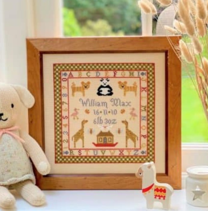 click here to view larger image of Two By Two Birth Sampler Kit - 32ct Linen (counted cross stitch kit)