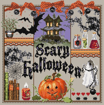 click here to view larger image of Scary Halloween KIT - linen (counted cross stitch kit)