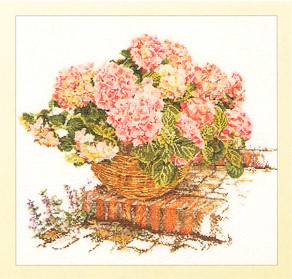 click here to view larger image of Pink Hydrangea In A Basket - Linen (counted cross stitch kit)