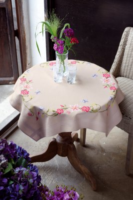 click here to view larger image of Pink Flowers and Butterflies Tablecloth (stamped cross stitch kit)