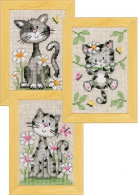 click here to view larger image of Cats and Flowers Miniatures (Set of 3) (counted cross stitch kit)