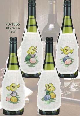 click here to view larger image of Chicks and Eggs Bottle Aprons - Set of 4 (counted cross stitch kit)