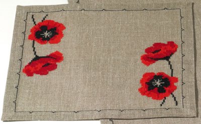 click here to view larger image of Poppy Table Topper - Linen (counted cross stitch kit)