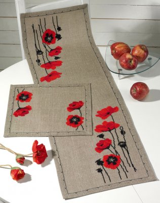 click here to view larger image of Poppy Table Runner - Linen (counted cross stitch kit)