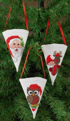 click here to view larger image of Santa, Owl, Reindeer/Elf Cones  (3 designs) (counted cross stitch kit)