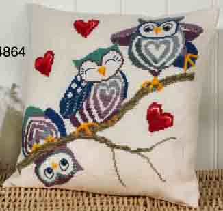 click here to view larger image of Owls On A Stick Cushion (counted cross stitch kit)