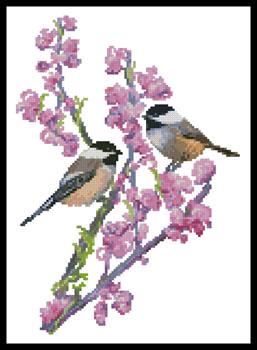 click here to view larger image of Chickadees and Redbud  (Claire Harkness) (chart)