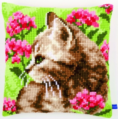 click here to view larger image of Cat In Field Of Flowers Cushion (needlepoint)