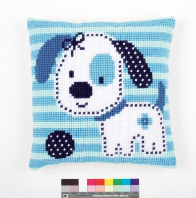 click here to view larger image of Spotted Dog Cushion With Blue Stripe (needlepoint)