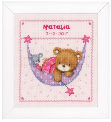 click here to view larger image of Little Pink Bear in Hammock Birth Announcement (counted cross stitch kit)