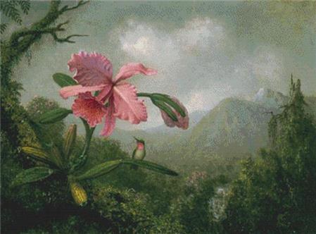 click here to view larger image of Orchid and Hummingbird Near A Mountain Waterfall  (Martin Johnson Heade) (chart)