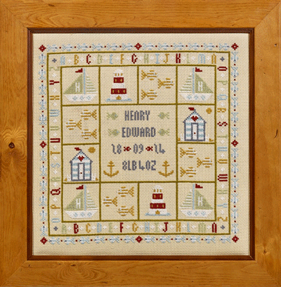 click here to view larger image of Four Boats Birth Sampler - Kit - 32ct Linen (counted cross stitch kit)