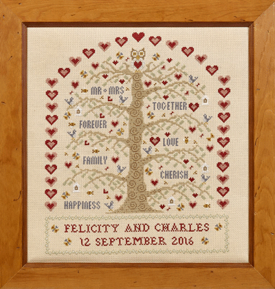 click here to view larger image of Heart and Tree Wedding Sampler - Kit 32ct Linen (counted cross stitch kit)