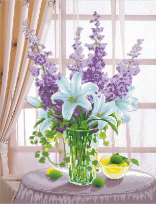 click here to view larger image of Lilies and Hollyhocks (stamped cross stitch kit)