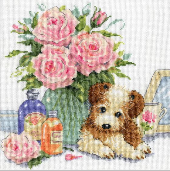 click here to view larger image of Puppy with Roses (counted cross stitch kit)
