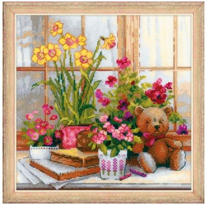 click here to view larger image of Teddy Bear on the Windowsill (counted cross stitch kit)