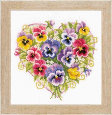 click here to view larger image of Pansies in Heart Shape (counted cross stitch kit)
