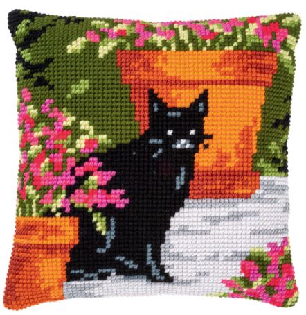 click here to view larger image of Cat Between Flower Pots Cushion (counted canvas kit)