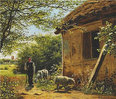 click here to view larger image of Thatched Cottage with a Boy and Two Sheep in Front, A (chart)