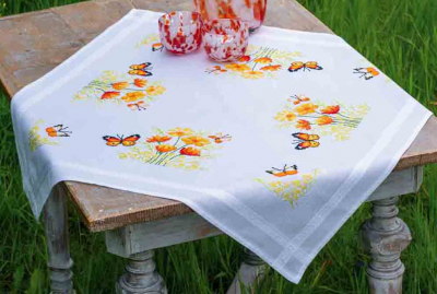 click here to view larger image of Orange Flowers Butterfly Tablecloth (counted cross stitch kit)