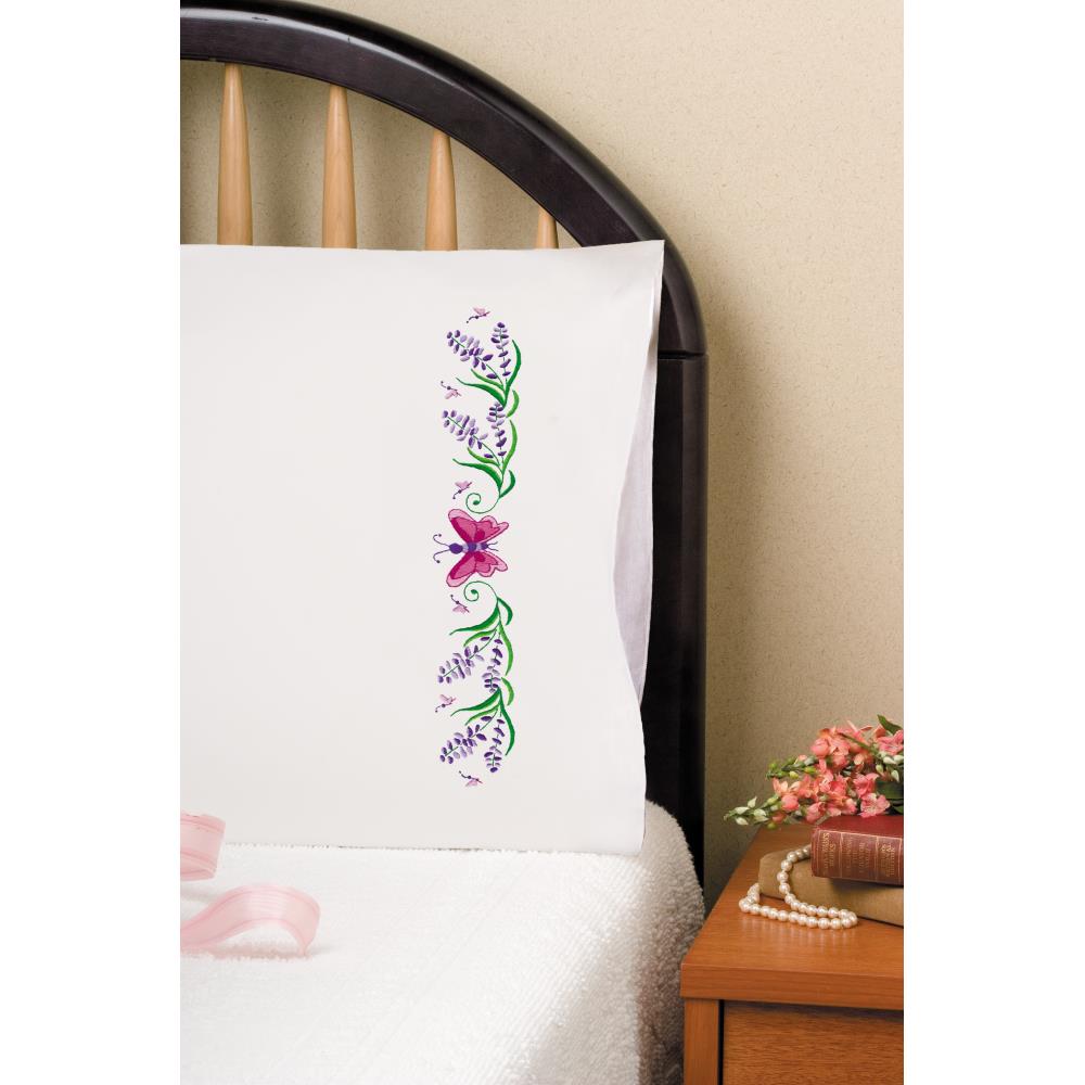 click here to view larger image of Pink Butterfly Stamped Pillowcase Pair  (stamped cross stitch)