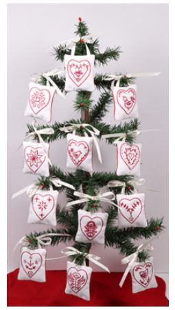 click here to view larger image of Redwork Hearts - 12 Mini Ornaments (counted cross stitch kit)