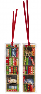 click here to view larger image of Cats in Bookshelf Bookmarks (counted cross stitch kit)