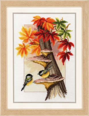 click here to view larger image of Chickadees Between Leaves (counted cross stitch kit)