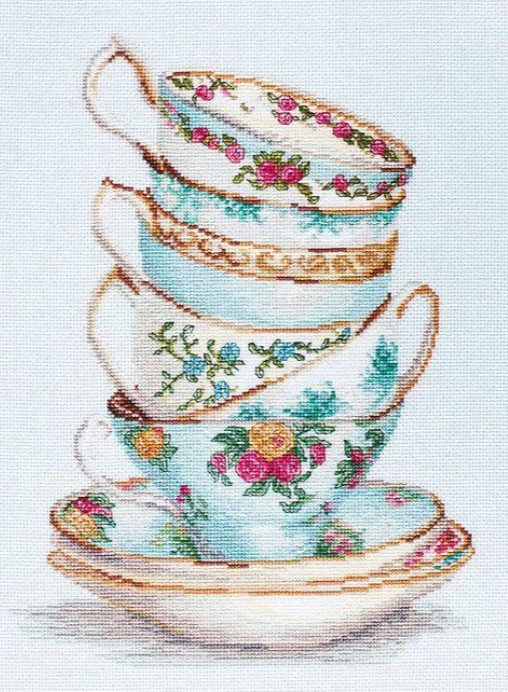 click here to view larger image of Turquoise Themed Tea Cups (counted cross stitch kit)