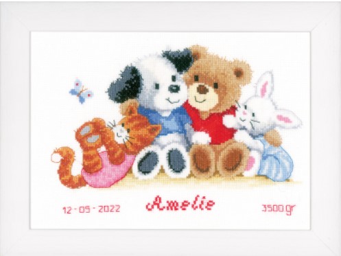 click here to view larger image of Animal Friends Birth Announcement (counted cross stitch kit)
