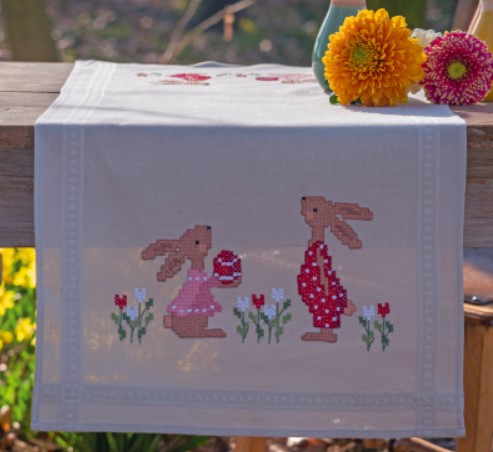 click here to view larger image of Easter Rabbits in Tulip Garden Table Runner (printed linen)